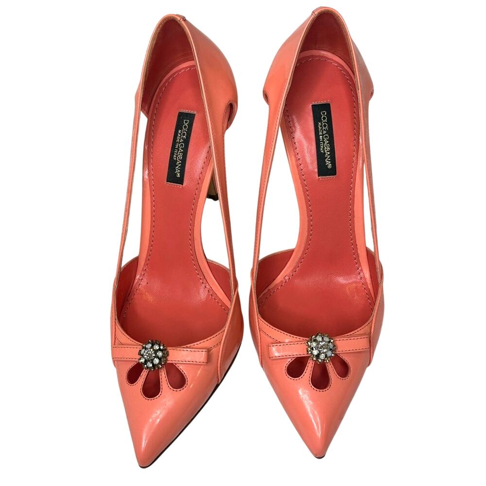 Dolce & Gabbana coral pink pointed jeweled kitten heel pumps size 37.5 authentic
